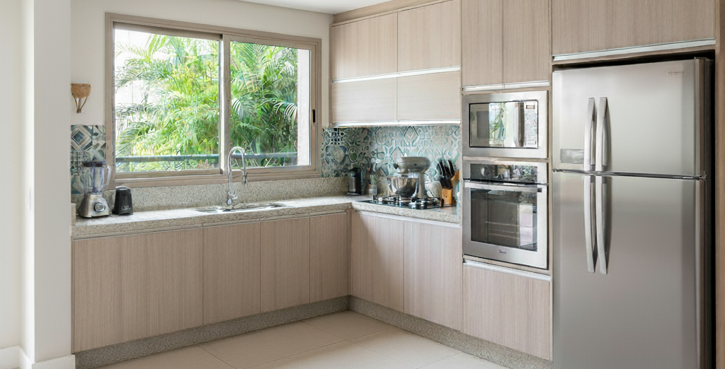 Imagem de uma cozinha gourmet minimalista com móveis sob medida